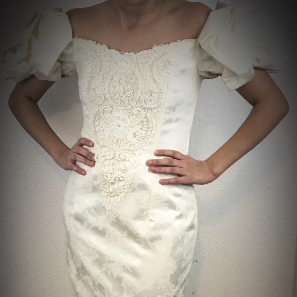 VTG 80s Dress Puff Sleeve Beaded Wedding Prom